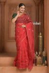 Festive Edit! Ganga Ghat ~ Handloom Organza Silk Saree with Embroidered Border in Red - verymuchindian.com