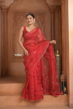 Festive Edit! Ganga Ghat ~ Handloom Organza Silk Saree with Hand Embroidered in Red - verymuchindian.com