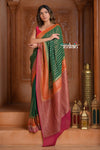 Festive Edit! Ganga Ghat ~ Handloom Pure Chiffon Silk Saree in Tricolor Green Pink and Orange - verymuchindian.com