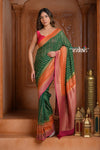 Festive Edit! Ganga Ghat ~ Handloom Pure Chiffon Silk Saree in Tricolor Green Pink and Orange - verymuchindian.com