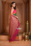 Festive Edit! Ganga Ghat ~ Handloom Pure Chiffon Silk Saree in Tricolor Green Pink and Orange - verymuchindian.com