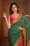 Festive Edit! Ganga Ghat ~ Handloom Pure Chiffon Silk Saree in Tricolor Green Pink and Orange - verymuchindian.com
