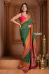 Festive Edit! Ganga Ghat ~ Handloom Pure Chiffon Silk Saree in Tricolor Green Pink and Orange - verymuchindian.com