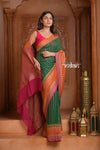 Festive Edit! Ganga Ghat ~ Handloom Pure Chiffon Silk Saree in Tricolor Green Pink and Orange - verymuchindian.com
