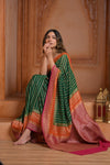 Festive Edit! Ganga Ghat ~ Handloom Pure Chiffon Silk Saree in Tricolor Green Pink and Orange - verymuchindian.com