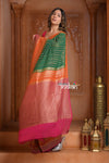 Festive Edit! Ganga Ghat ~ Handloom Pure Chiffon Silk Saree in Tricolor Green Pink and Orange - verymuchindian.com