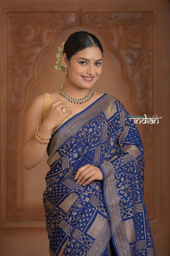 Festive Edit! Ganga Ghat ~ Handloom Pure Crepe Silk Banarasi Saree in Dark Blue (Silk Mark Certified) - verymuchindian.com