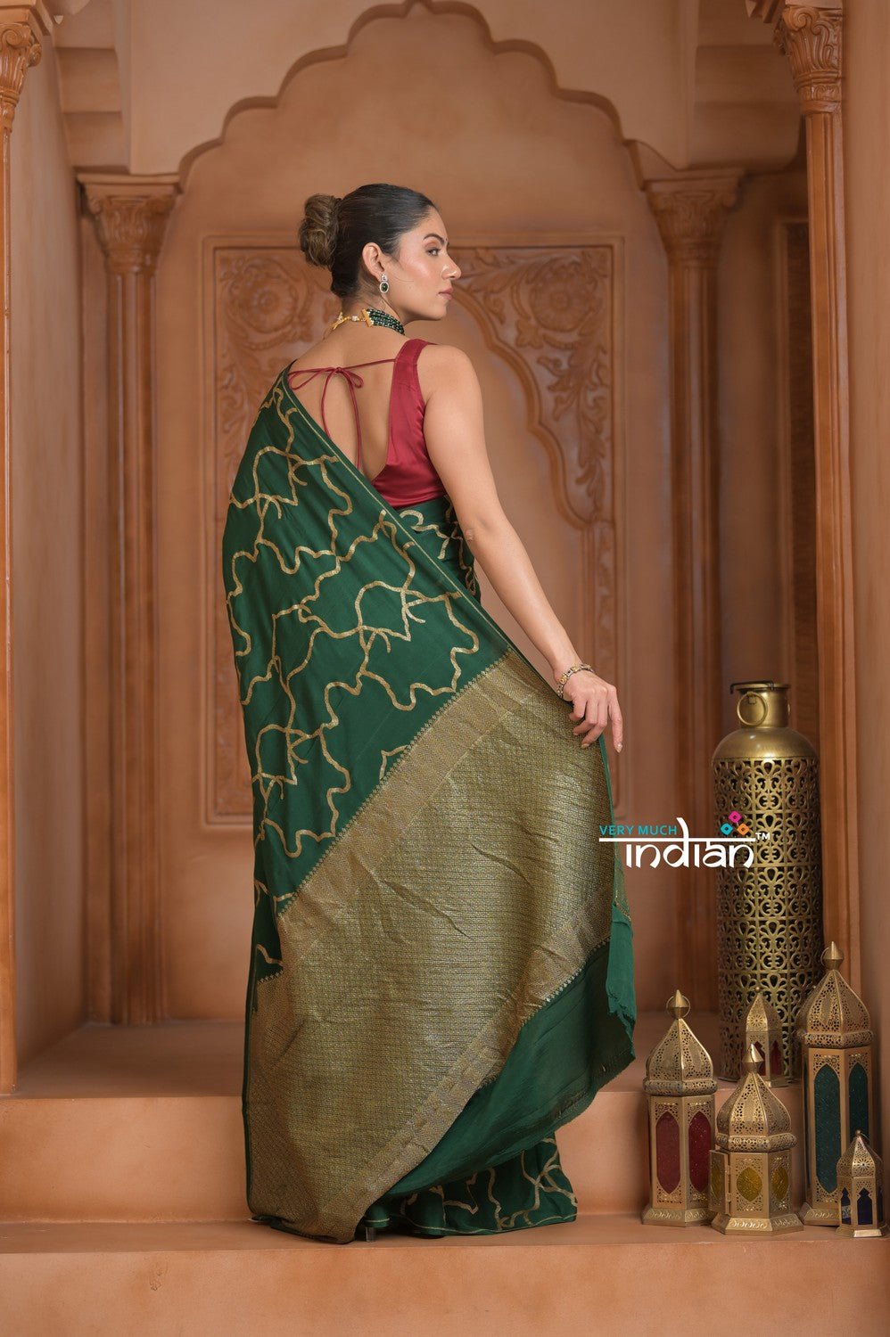 Festive Edit! Ganga Ghat ~ Handloom Pure Crepe Silk Banarasi Saree in Dark Green (Silk Mark Certified) - verymuchindian.com