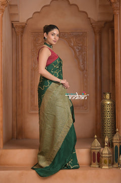 Festive Edit! Ganga Ghat ~ Handloom Pure Crepe Silk Banarasi Saree in Dark Green (Silk Mark Certified) - verymuchindian.com