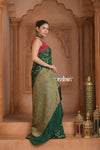 Festive Edit! Ganga Ghat ~ Handloom Pure Crepe Silk Banarasi Saree in Dark Green (Silk Mark Certified) - verymuchindian.com