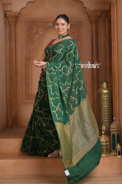 Festive Edit! Ganga Ghat ~ Handloom Pure Crepe Silk Banarasi Saree in Dark Green (Silk Mark Certified) - verymuchindian.com