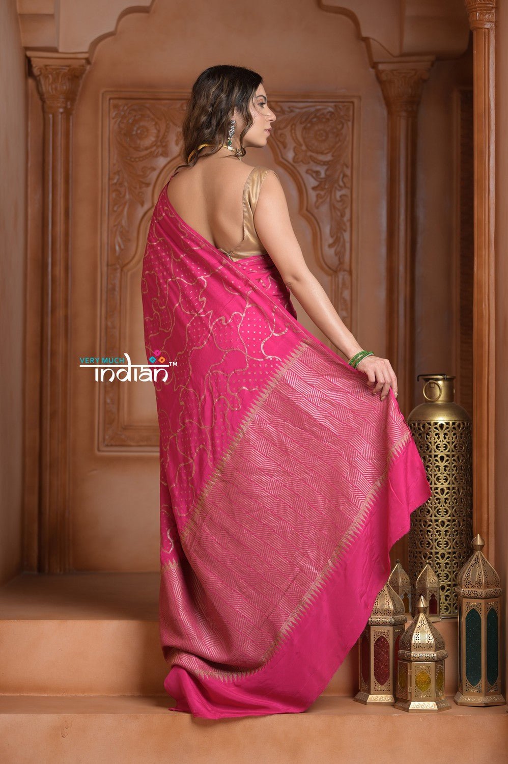 Festive Edit! Ganga Ghat ~ Handloom Pure Crepe Silk Banarasi Saree in Gulabi Pink (Silk Mark Certified) - verymuchindian.com