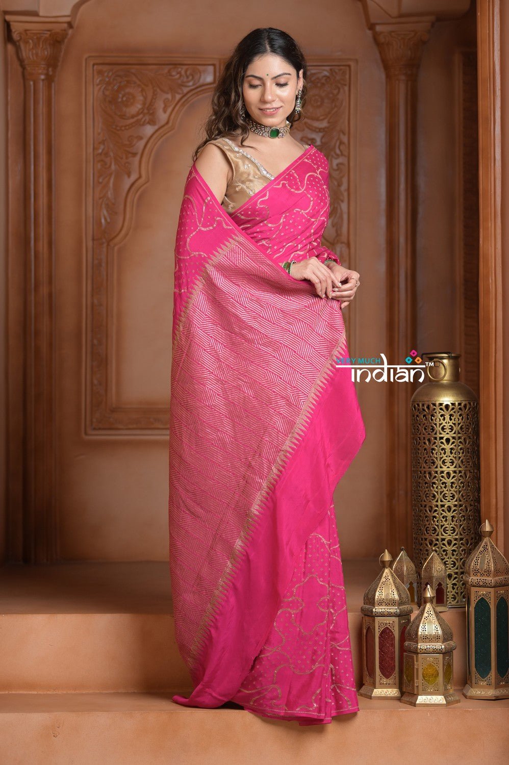 Festive Edit! Ganga Ghat ~ Handloom Pure Crepe Silk Banarasi Saree in Gulabi Pink (Silk Mark Certified) - verymuchindian.com