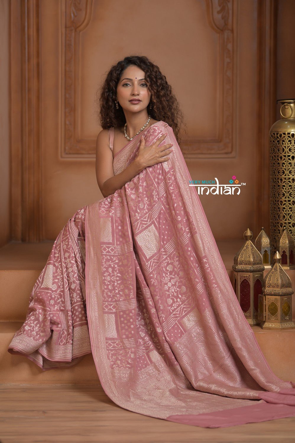 Festive Edit! Ganga Ghat ~ Handloom Pure Crepe Silk Banarasi Saree in Pastel Pink (Silk Mark Certified) - verymuchindian.com