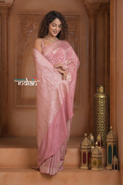 Festive Edit! Ganga Ghat ~ Handloom Pure Crepe Silk Banarasi Saree in Pastel Pink (Silk Mark Certified) - verymuchindian.com