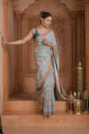 Festive Edit! Ganga Ghat ~ Handloom Pure Crepe Silk Banarasi Saree in Powder Blue (Silk Mark Certified) - verymuchindian.com