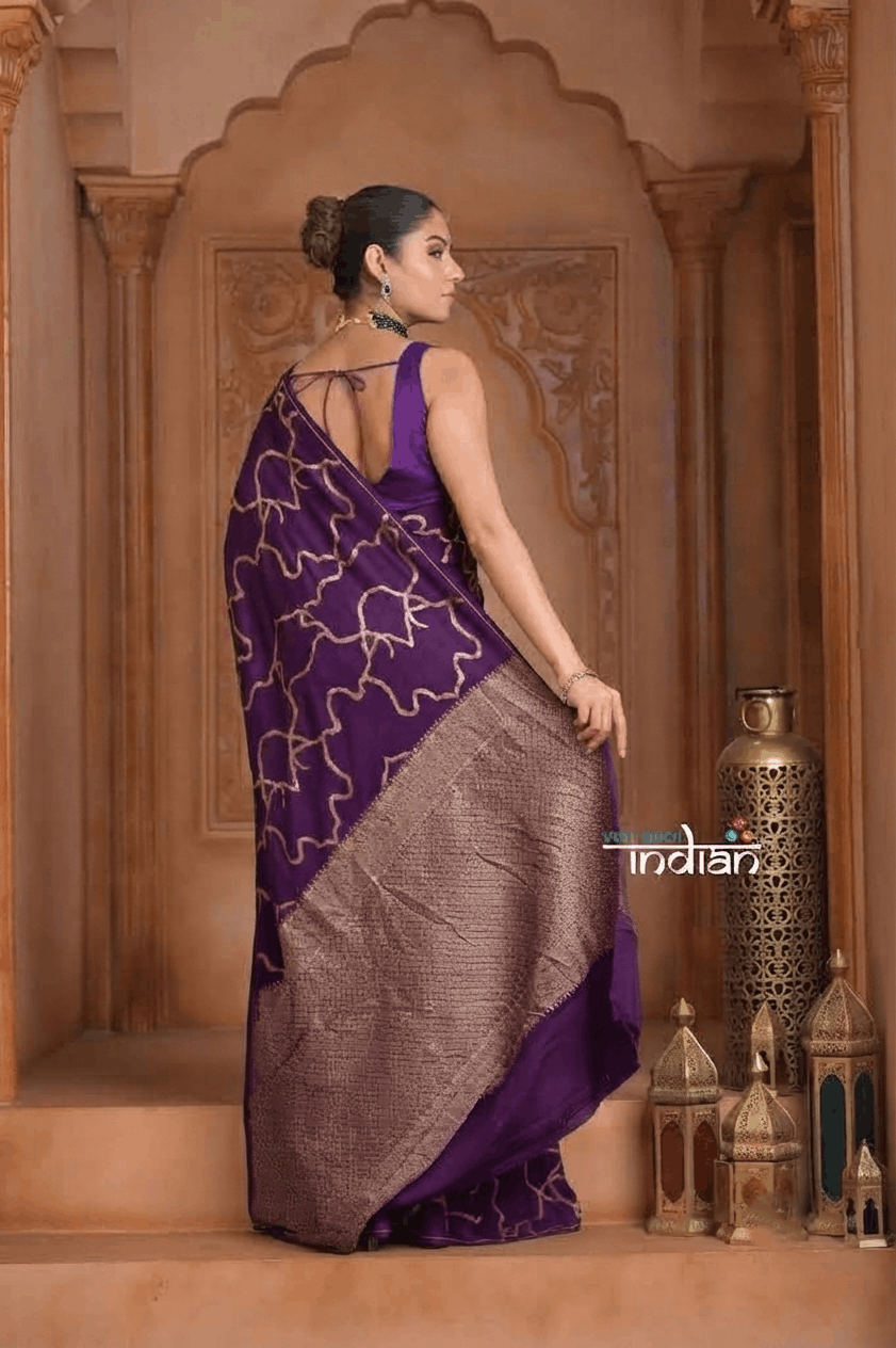 Festive Edit! Ganga Ghat ~ Handloom Pure Crepe Silk Banarasi Saree in Violet (Silk Mark Certified) - verymuchindian.com
