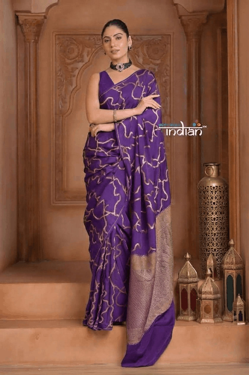 Festive Edit! Ganga Ghat ~ Handloom Pure Crepe Silk Banarasi Saree in Violet (Silk Mark Certified) - verymuchindian.com