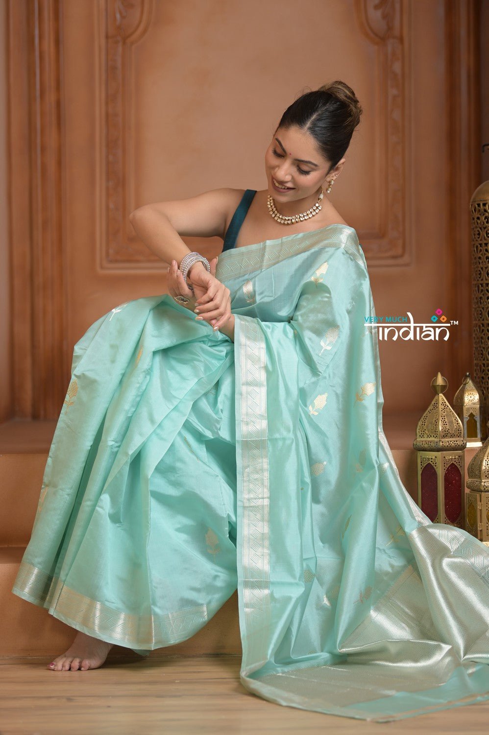 Festive Edit! Ganga Ghat ~ Handloom Pure Katan Silk Saree in Sea Green ( Silk Mark Certified ) - verymuchindian.com