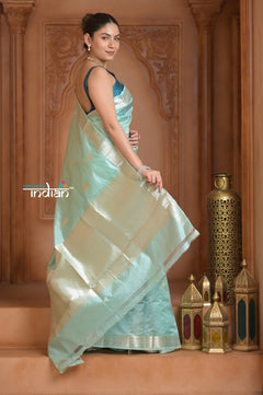 Festive Edit! Ganga Ghat ~ Handloom Pure Katan Silk Saree in Sea Green ( Silk Mark Certified ) - verymuchindian.com