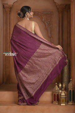 Festive Edit! Ganga Ghat ~ Handloom Pure Kora Crepe Silk Georgette Saree in Dark Maroon Purple ( Silk Mark Certified) - verymuchindian.com