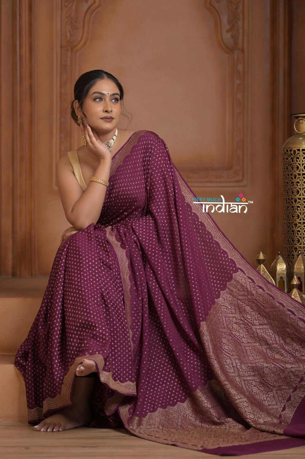 Festive Edit! Ganga Ghat ~ Handloom Pure Kora Crepe Silk Georgette Saree in Dark Maroon Purple ( Silk Mark Certified) - verymuchindian.com