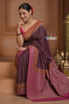 Festive Edit! Ganga Ghat ~ Handloom Pure Kora Crepe Silk Jaal Saree in Dark Maroon Purple and Pink ( Silk Mark Certified) - verymuchindian.com