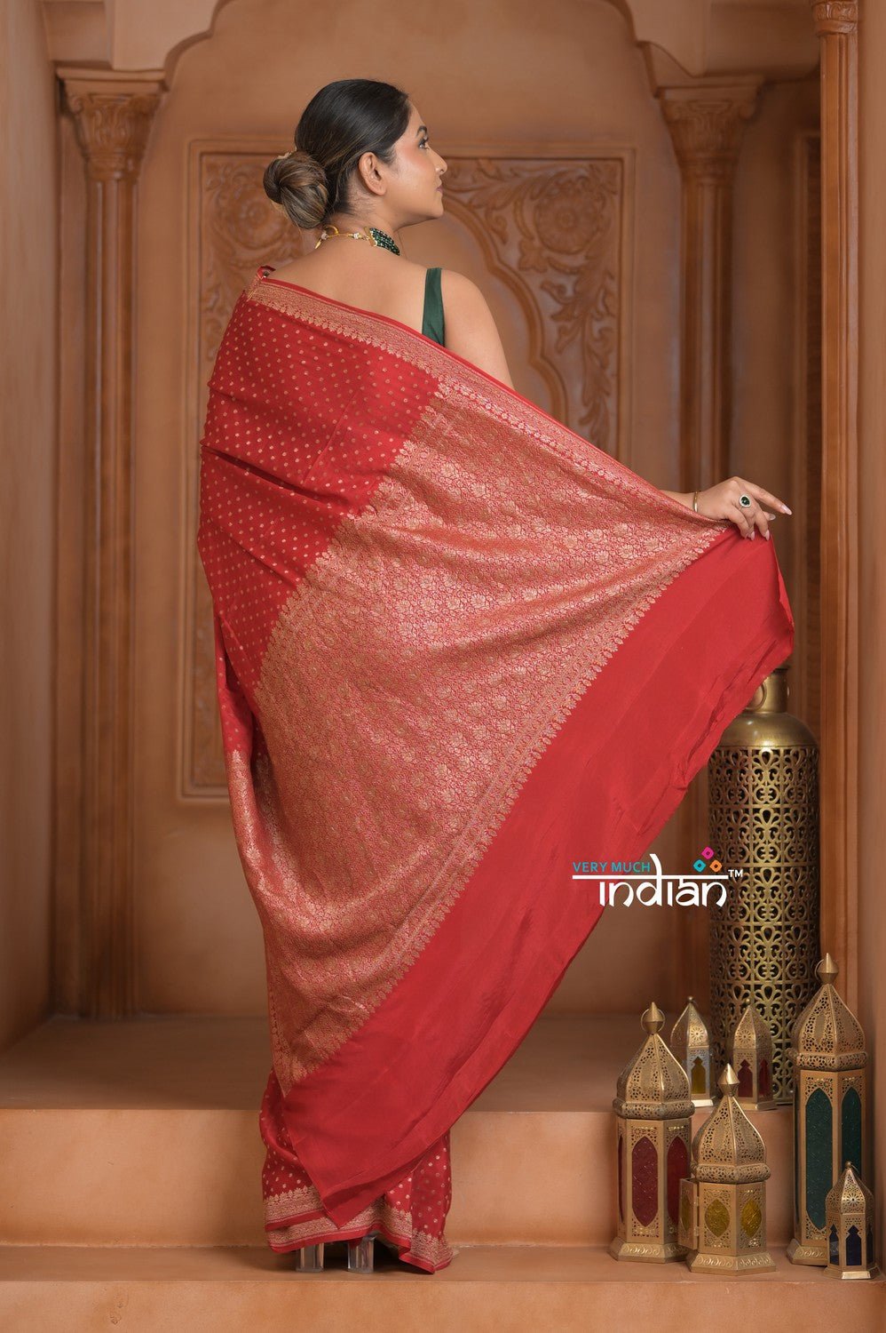 Festive Edit! Ganga Ghat ~ Handloom Pure Kora Crepe Silk Saree in Blush Red ( Silk Mark Certified) - verymuchindian.com