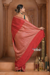 Festive Edit! Ganga Ghat ~ Handloom Pure Kora Crepe Silk Saree in Blush Red ( Silk Mark Certified) - verymuchindian.com