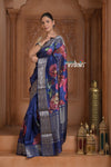 Festive Edit! Ganga Ghat ~ Handloom Pure Kora Dupion Silk Banarasi Saree in Dark Blue (Silk Mark Certified) - verymuchindian.com