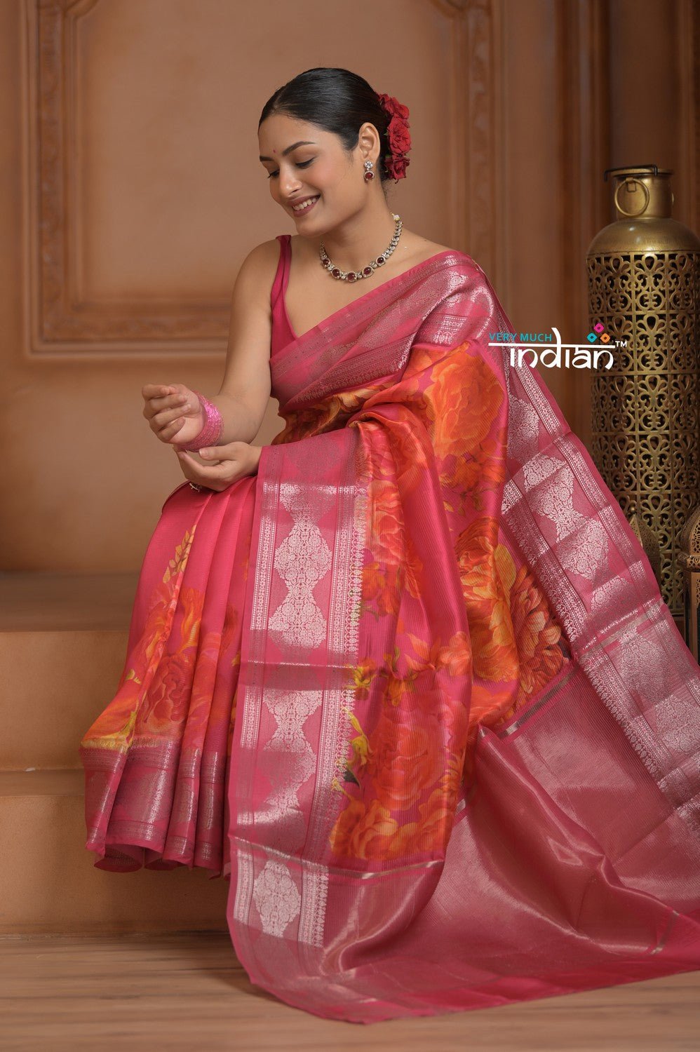Festive Edit! Ganga Ghat ~ Handloom Pure Kora Dupion Silk Banarasi Saree in Rani Pink (Silk Mark Certified) - verymuchindian.com