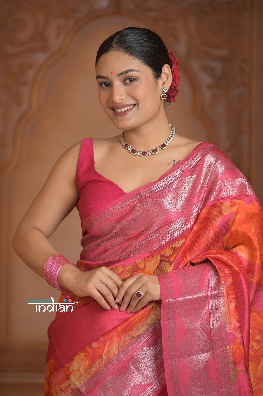 Festive Edit! Ganga Ghat ~ Handloom Pure Kora Dupion Silk Banarasi Saree in Rani Pink (Silk Mark Certified) - verymuchindian.com