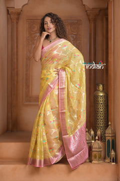 Festive Edit! Ganga Ghat ~ Handloom Pure Kora Silk Kota Saree in Champagne Yellow ( Silk Mark Certified ) - verymuchindian.com