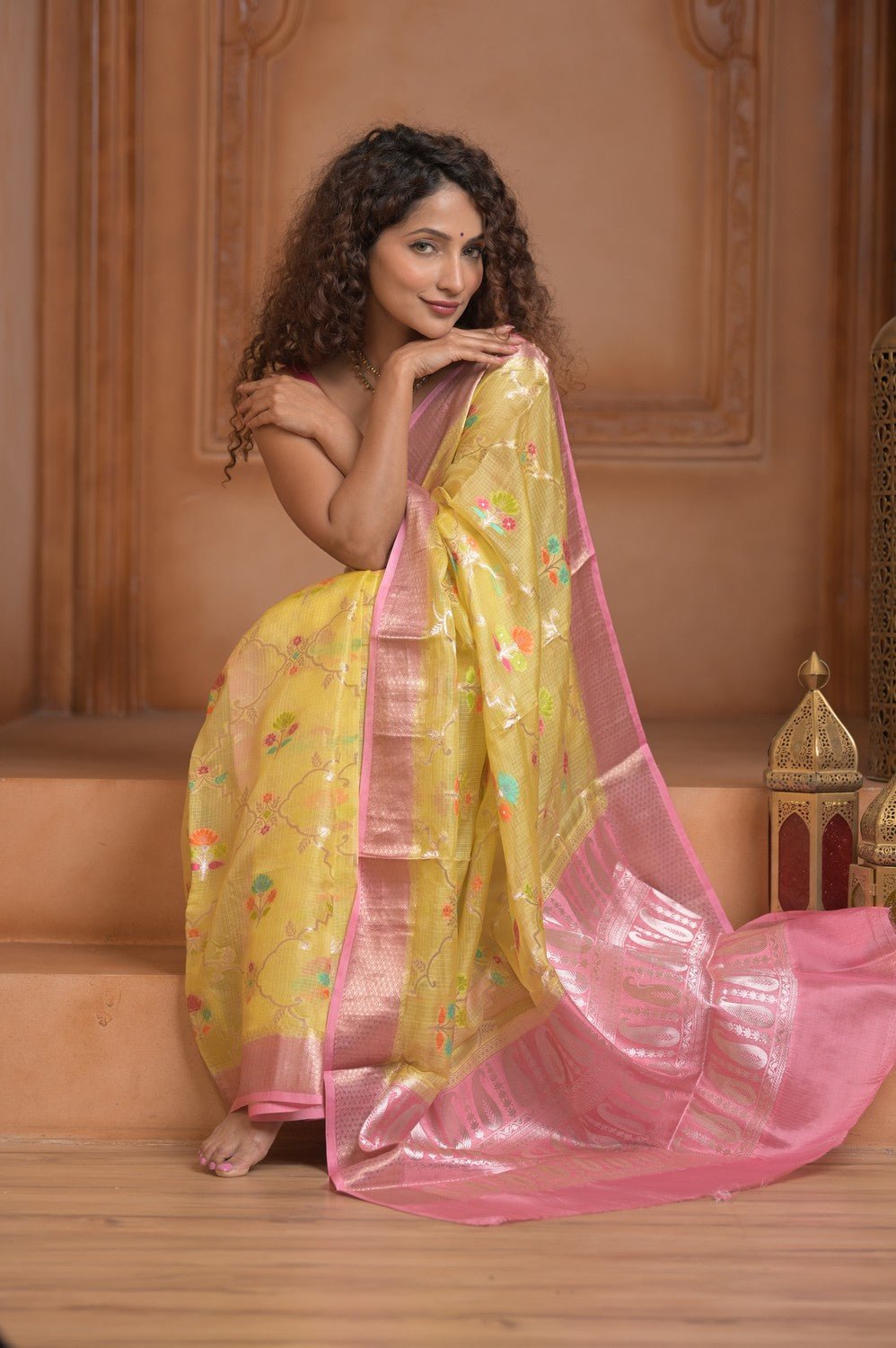 Festive Edit! Ganga Ghat ~ Handloom Pure Kora Silk Kota Saree in Champagne Yellow ( Silk Mark Certified ) - verymuchindian.com