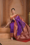 Festive Edit! Ganga Ghat ~ Handloom Pure Kora Silk Saree in Berry Purple and Red ( Silk Mark Certified ) - verymuchindian.com