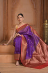 Festive Edit! Ganga Ghat ~ Handloom Pure Kora Silk Saree in Berry Purple and Red ( Silk Mark Certified ) - verymuchindian.com