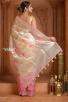 Festive Edit! Ganga Ghat ~ Handloom Pure Kora Silk Saree in Champagne and Pink ( Silk Mark Certified ) - verymuchindian.com