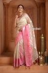 Festive Edit! Ganga Ghat ~ Handloom Pure Kora Silk Saree in Champagne and Pink ( Silk Mark Certified ) - verymuchindian.com