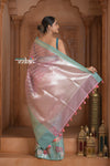 Festive Edit! Ganga Ghat ~ Handloom Pure Kora Silk Saree in Champagne Pink and Blue ( Silk Mark Certified ) - verymuchindian.com