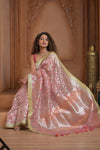 Festive Edit! Ganga Ghat ~ Handloom Pure Kora Silk Saree in Champagne Pink ( Silk Mark Certified ) - verymuchindian.com