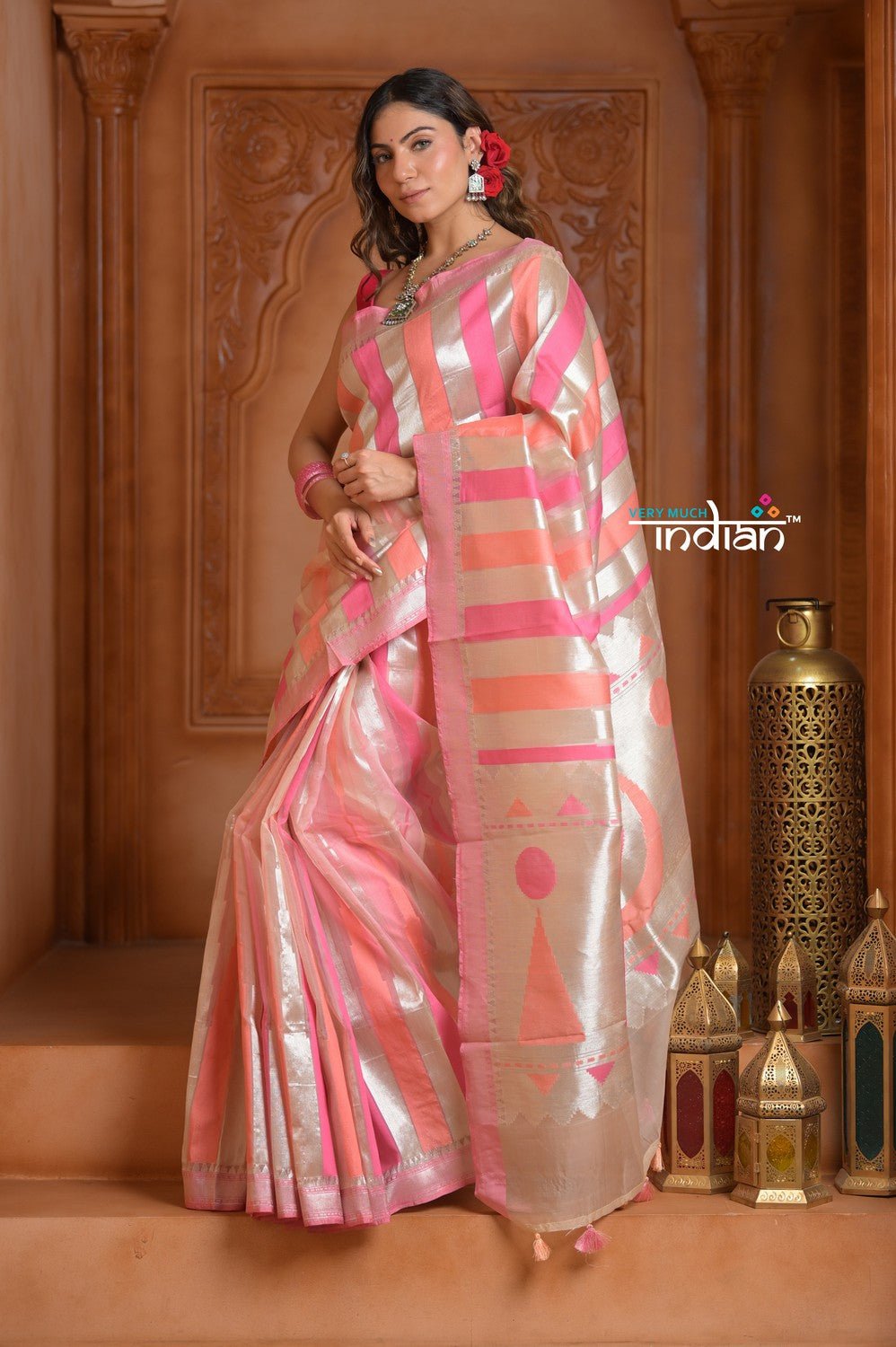 Festive Edit! Ganga Ghat ~ Handloom Pure Kora Silk Saree in Champagne Pink ( Silk Mark Certified ) - verymuchindian.com