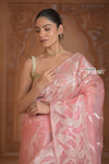 Festive Edit! Ganga Ghat ~ Handloom Pure Kora Silk Saree in Champagne Soft Pink ( Silk Mark Certified ) - verymuchindian.com