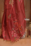 Festive Edit! Ganga Ghat ~ Handloom Pure Kora Silk Saree in Coral Red with Floral Work ( Silk Mark Certified ) - verymuchindian.com