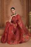 Festive Edit! Ganga Ghat ~ Handloom Pure Kora Silk Saree in Coral Red with Floral Work ( Silk Mark Certified ) - verymuchindian.com