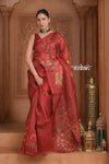 Festive Edit! Ganga Ghat ~ Handloom Pure Kora Silk Saree in Coral Red with Floral Work ( Silk Mark Certified ) - verymuchindian.com