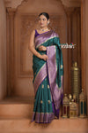 Festive Edit! Ganga Ghat ~ Handloom Pure Kora Silk Saree in Dark Green and Purple ( Silk Mark Certified ) - verymuchindian.com