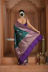 Festive Edit! Ganga Ghat ~ Handloom Pure Kora Silk Saree in Dark Green and Purple ( Silk Mark Certified ) - verymuchindian.com