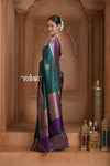 Festive Edit! Ganga Ghat ~ Handloom Pure Kora Silk Saree in Dark Green and Purple ( Silk Mark Certified ) - verymuchindian.com