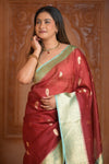 Festive Edit! Ganga Ghat ~ Handloom Pure Kora Silk Saree in Dark Red and Green (Silk Mark Certified ) - verymuchindian.com