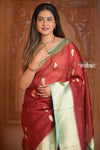 Festive Edit! Ganga Ghat ~ Handloom Pure Kora Silk Saree in Dark Red and Green (Silk Mark Certified ) - verymuchindian.com